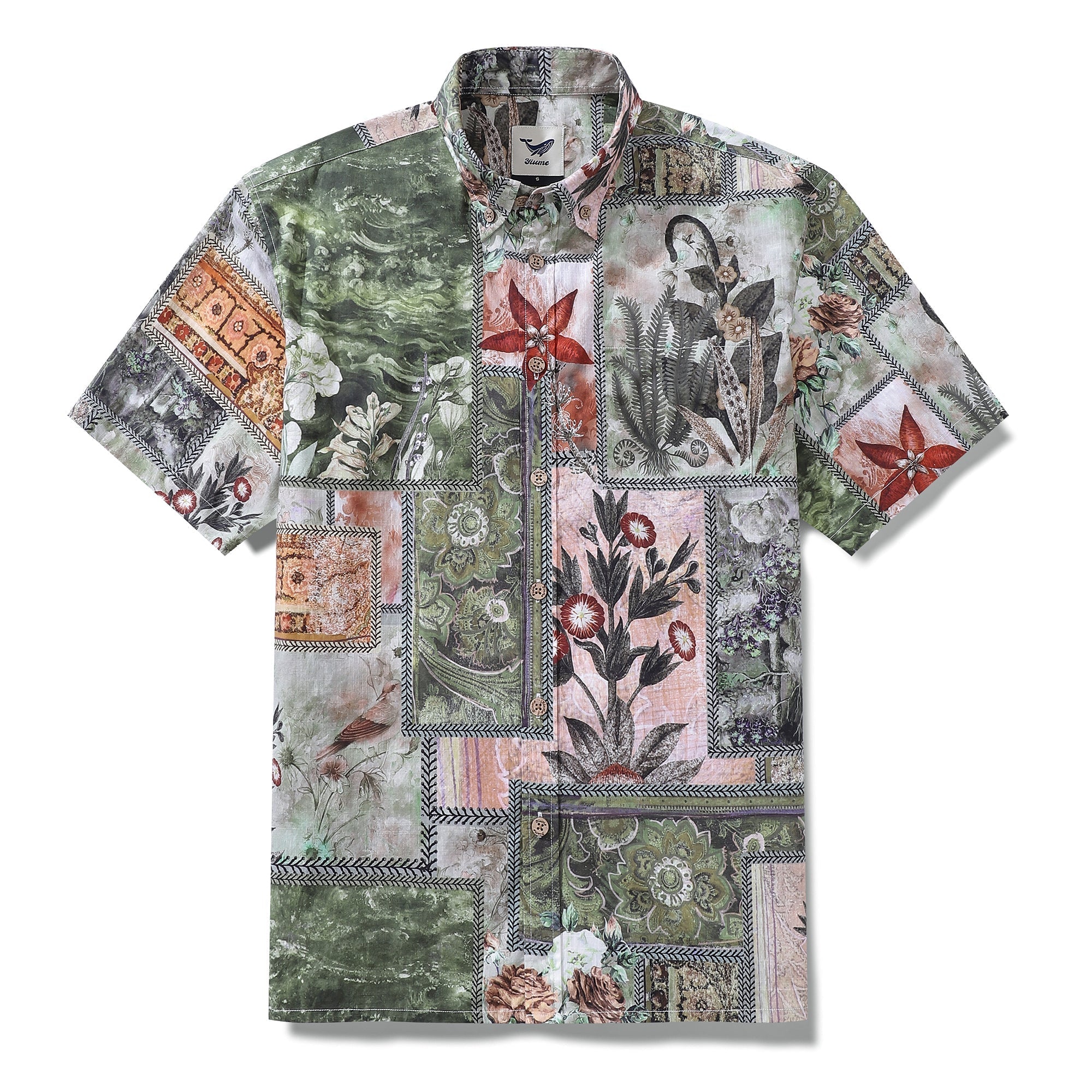 1940s Vintage Men's Hawaiian Shirt Patchwork Memories Print Cotton Button-down Short Sleeve Aloha Shirt